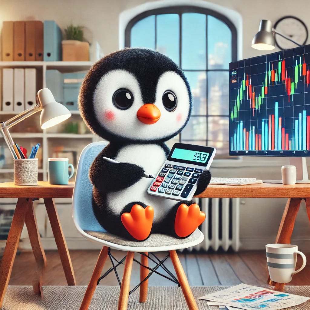 A cute cartoon penguin sitting on a chair, holding a calculator and looking intently at stock charts displayed on a screen. The scene is set in a cozy office environment with a desk, colorful stock chart graphics on the screen, and a cheerful atmosphere. The penguin has a focused expression, and the setting includes details like coffee mug and papers scattered on the desk for a fun, whimsical touch.