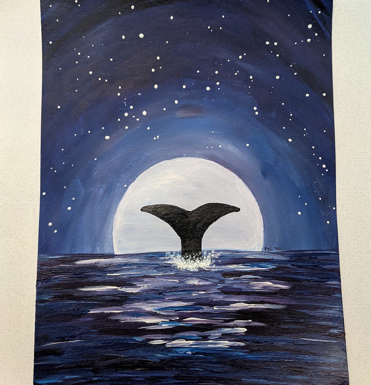 painting of a mermaid tail under the night sky by author Patricia J.L.