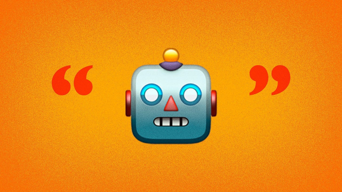 Illustration of a robot emoji inside quotation marks. 
