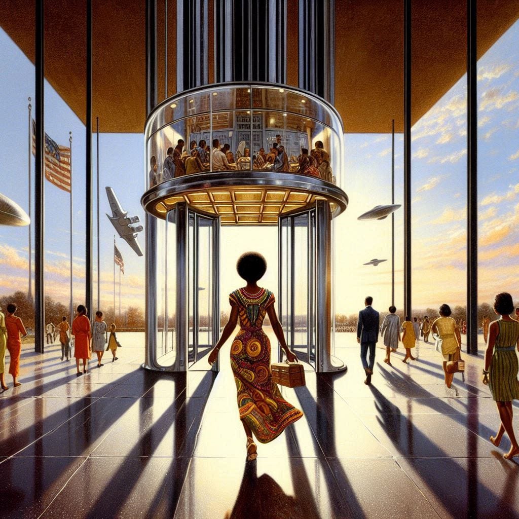 african woman stepping into a space elevator, washington dc national mall, 60s sci-art picture