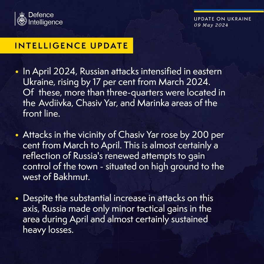 In April 2024, Russian attacks intensified in eastern Ukraine, rising by 17 per cent from March 2024. Of these, more than three-quarters were located in the Avdiivka, Chasiv Yar, and Marinka areas of the front line.

Attacks in the vicinity of Chasiv Yar rose by 200 per cent from March to April. This is almost certainly a reflection of Russia's renewed attempts to gain control of the town - situated on high ground to the west of Bakhmut.

Despite the substantial increase in attacks on this axis, Russia made only minor tactical gains in the area during April and almost certainly sustained heavy losses.