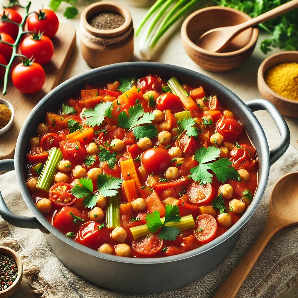 A hearty vegan stew simmering in a large pot, featuring vibrant red tomatoes, chickpeas, diced red bell peppers, carrots, celery, and onions, topped with fresh cilantro. The stew is rich in texture, with visible spices like cumin and paprika adding warmth. The background shows sustainable wooden cooking utensils, reusable cloth napkins, and a minimalist kitchen space with eco-friendly vibes, emphasizing sustainability.