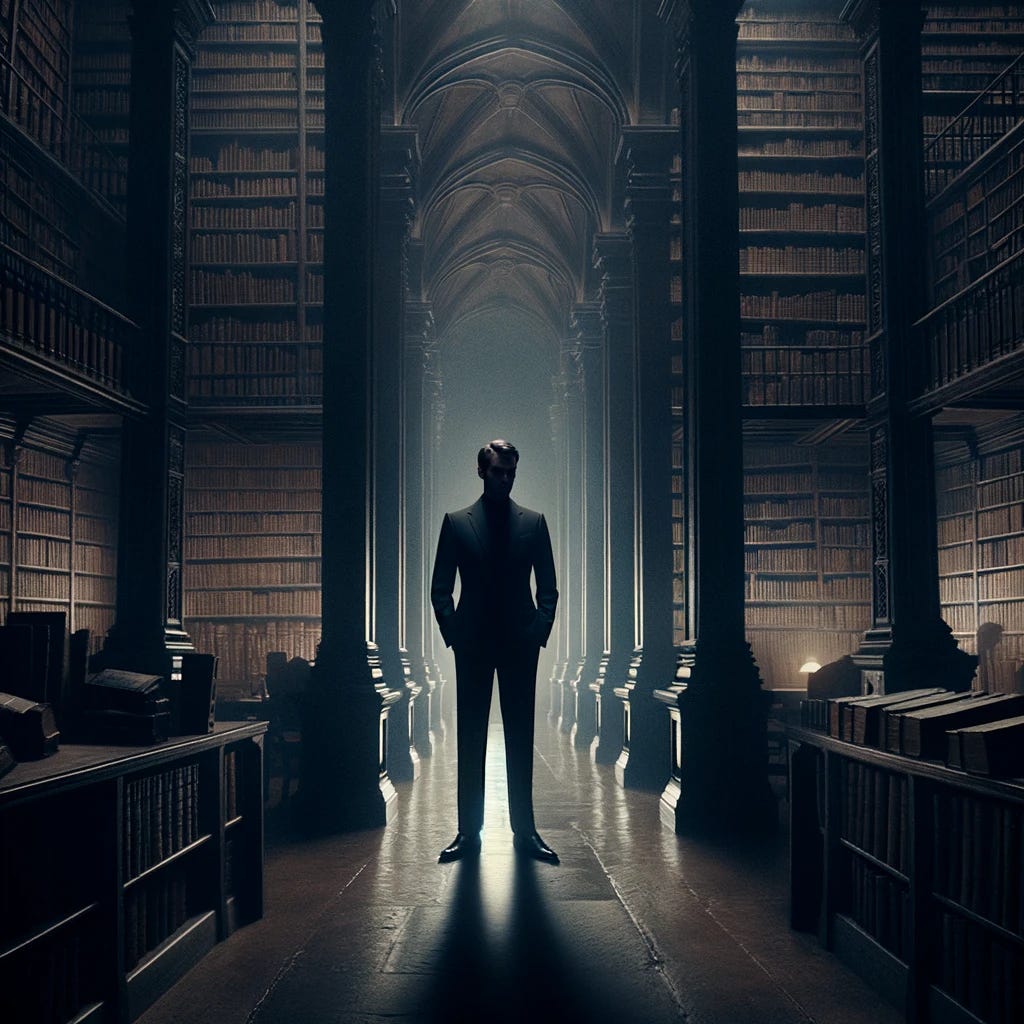 Envision a scene within the shadowy recesses of an ancient library, where a figure, symbolizing the essence of a silent profession, is subtly present off to the side. This individual, dressed in a sophisticated all-black suit, merges with the darkness, embodying both mystery and elegance. The ambient lighting of the library is minimal, casting most of the space into soft shadows, with this person almost blending into the background. Their presence is felt more than seen, as they stand near the towering shelves that hold centuries of knowledge, their focus unwavering. This image captures a moment of quiet dedication, where the individual's commitment to their role as a guardian of wisdom is highlighted by their choice to remain in the periphery, a silent observer amidst a treasure trove of books.