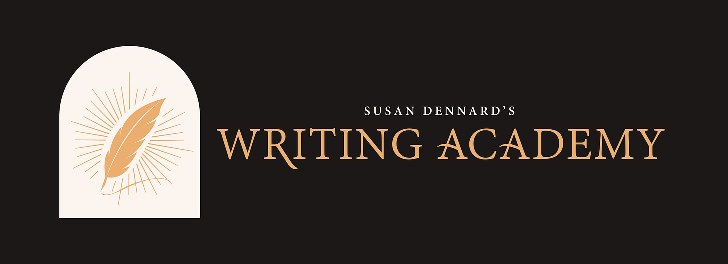 A graphic showing the logo for Susan Dennard's Writing Academy with an orange quill surrounded by rays like light