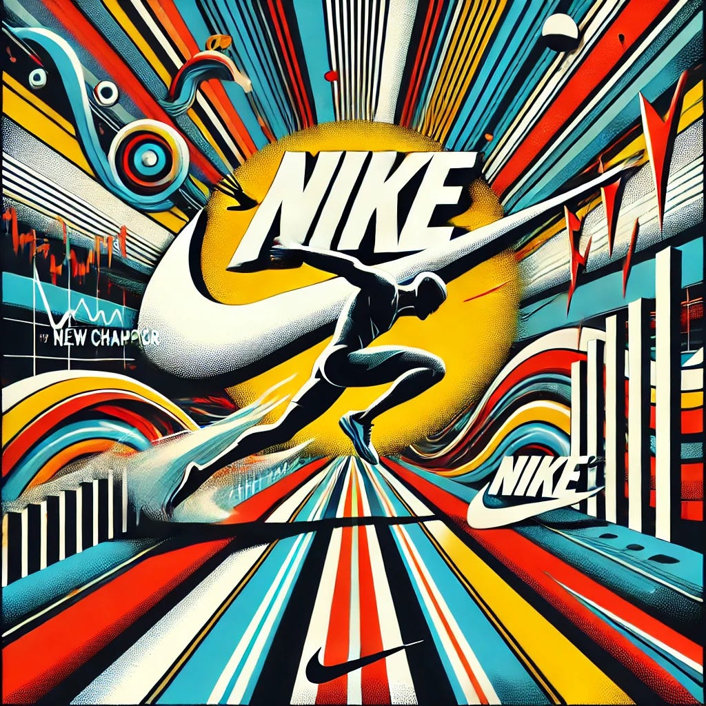 A bold pop-art style illustration titled 'Nike and Its New Chapter: The Return of the Champion or Just Another Ad Promise?' The scene features a dynamic Nike logo at the center, surrounded by a running track with an athlete's silhouette breaking through a finish line. Vibrant swooshes of energy in the background symbolize motion and innovation. Financial charts and bold headlines subtly integrate into the design, reflecting market speculation. The color palette includes iconic Nike tones like red, black, and white, with vibrant bursts of yellow and blue for a modern edge. The image is clean, professional, and energetic, ideal for a financial newsletter. Format: 16:9, 1920x1080 resolution.