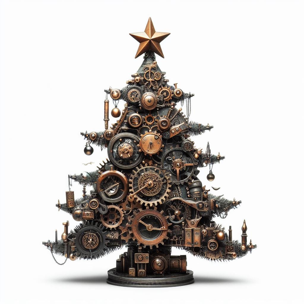 A steampunk image of a christmas tree on a white background