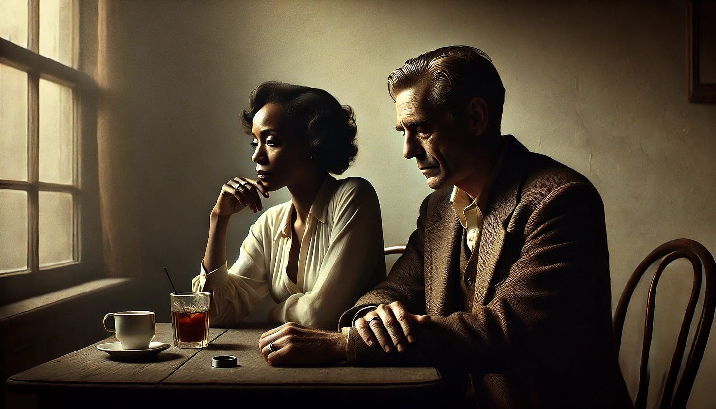 A poignant and introspective scene inspired by the style of portrait artist Simmie Knox, featuring a middle-aged interracial couple, with a Black woman and a White man, sitting at a small table in a dimly lit room.