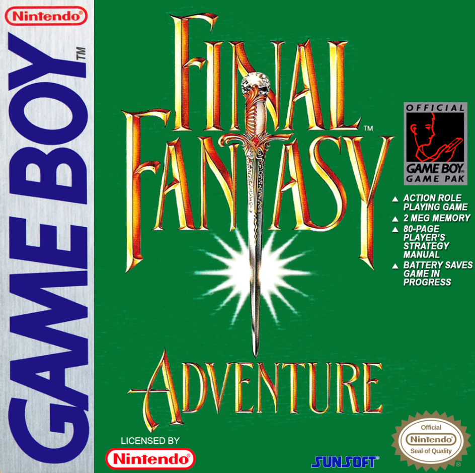 The box art for the 1998 Game Boy re-release of Final Fantasy Adventure, published by Sunsoft. The background is solid green, with the traditional Final Fantasy text of the 8- and 16-bit eras, and the "T" in "Fantasy" shown as a sword. It's a pretty bland bit of box art, really.