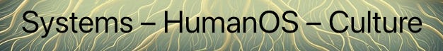 Text on an abstract background reads "Systems – HumanOS – Culture".