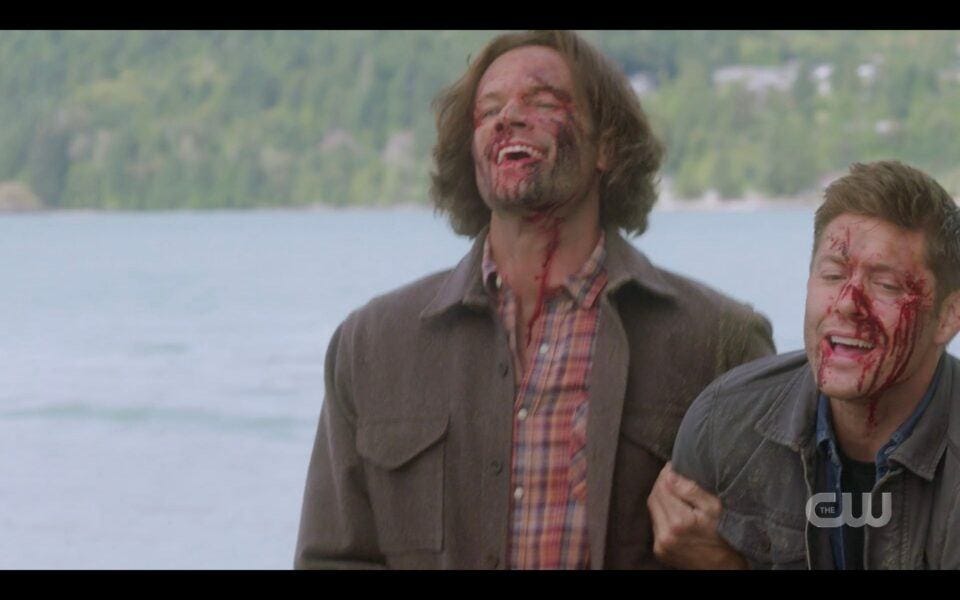 Sam Dean Winchester bloodied on beach having beaten Chuck SPN 1519