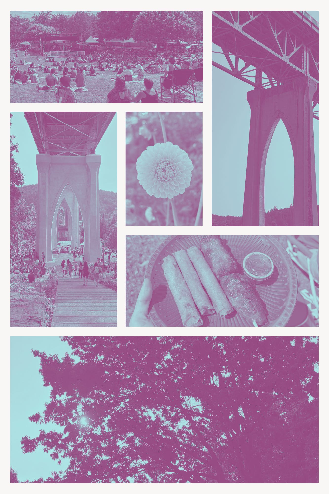 A collage of various photographs taken below the St. John's bridge at an outdoor jazz festival. Includes an image of onlookers sitting in the grass in front of an outdoor stage, a circular flower, the columns that hold the bridge up, a plate of lumpia and fried plantain, and sunlight as seen through the space between the branches and leaves of a tree.