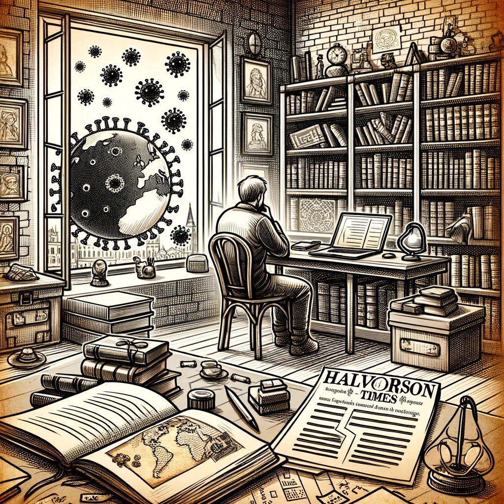 Here is the image based on the description provided from the "Halvorson Times" newsletter content. It depicts a person in a cozy, book-filled study room, reflecting on their journey in mastering Library and Information Science, with elements representing traditional and modern knowledge management, and a backdrop hinting at global events.
