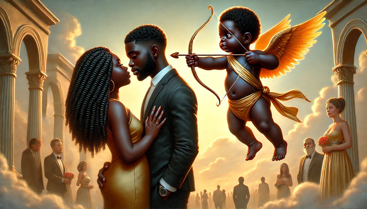 An African Cupid, depicted as a chubby baby with dark skin, curly hair, and golden wings, shoots an arrow at an unsuspecting black couple. The couple is standing close together in a peaceful, romantic setting, dressed in modern attire, unaware of the Cupid’s presence. The background features soft clouds and a warm, glowing atmosphere. The baby Cupid wears a golden sash and has a playful, mischievous expression as he aims his arrow. The couple remains unaware, radiating love and connection.