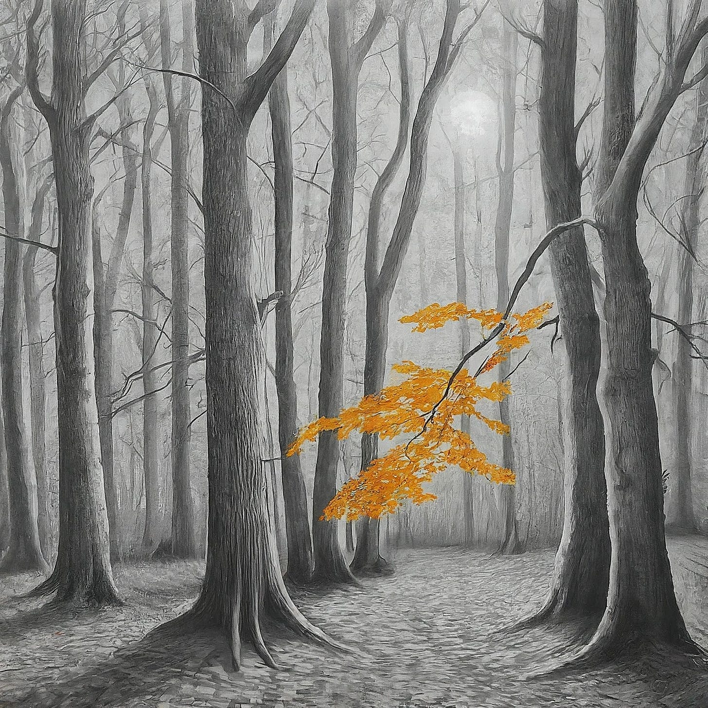 a pencil sketch of beech and oak woods at night. The only colour is golden beech leaves