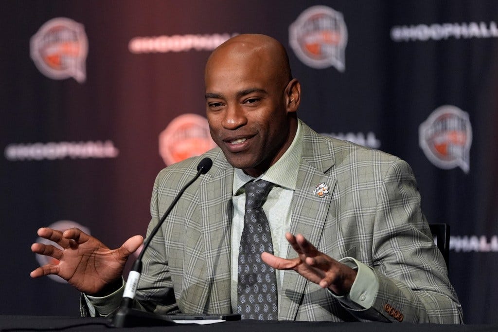 Vince Carter speaks during a news conference for The Naismith Basketball Hall of Fame at the NCAA college basketball Tournament on Saturday, April 6, 2024, in Phoenix. 