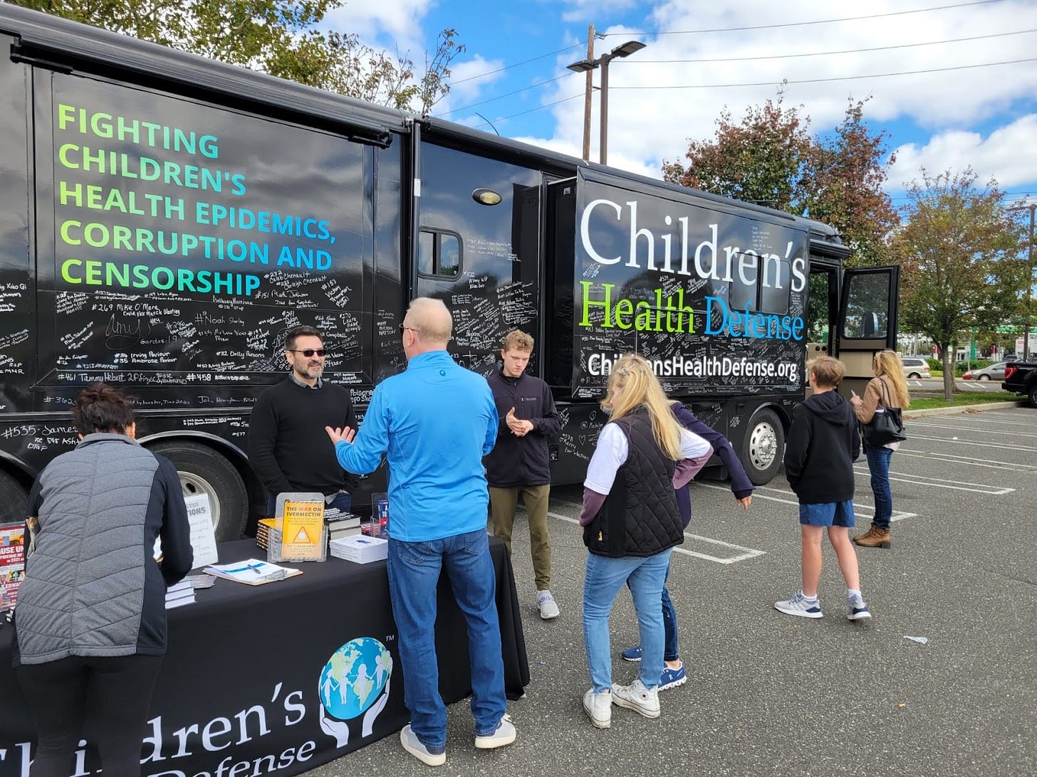 On their nationwide mission to collect stories from the vaccine injured and give voice to the censored, CHD staff welcome visitors to the CHD bus tour in Long Island, New York on Sunday, Oct. 8, 2023.