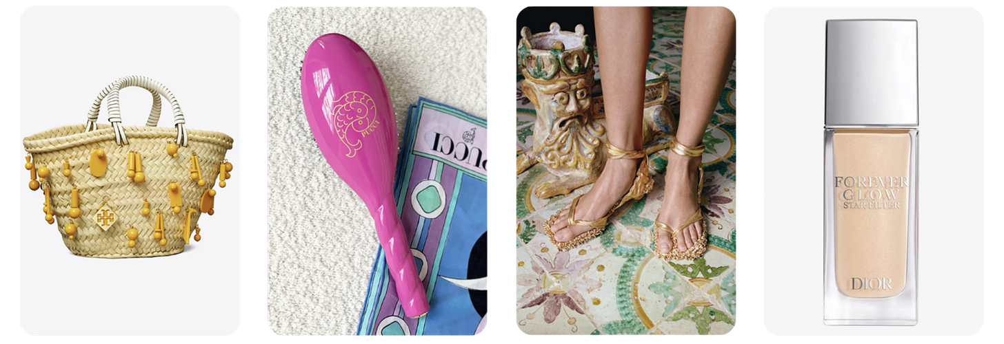Images of a Tory Burch beach tote, the La Bonne Brosse x Pucci hairbrush collab, sandals from H&M's Studio Resort Collection, and a glowy base product from Dior Beauty.