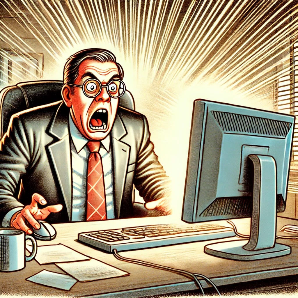 A humorous illustration of a stereotypical boss looking horrified and angry while staring at his computer screen. The boss is a middle-aged man in a suit, with furrowed brows, wide eyes, and his mouth open in shock. His office setting includes a desk, a coffee mug, and a few scattered papers. The computer screen emits a bright glow, emphasizing his reaction. The overall tone is lighthearted and comedic.