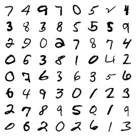 A grid of 64 randomly selected handwritten digits