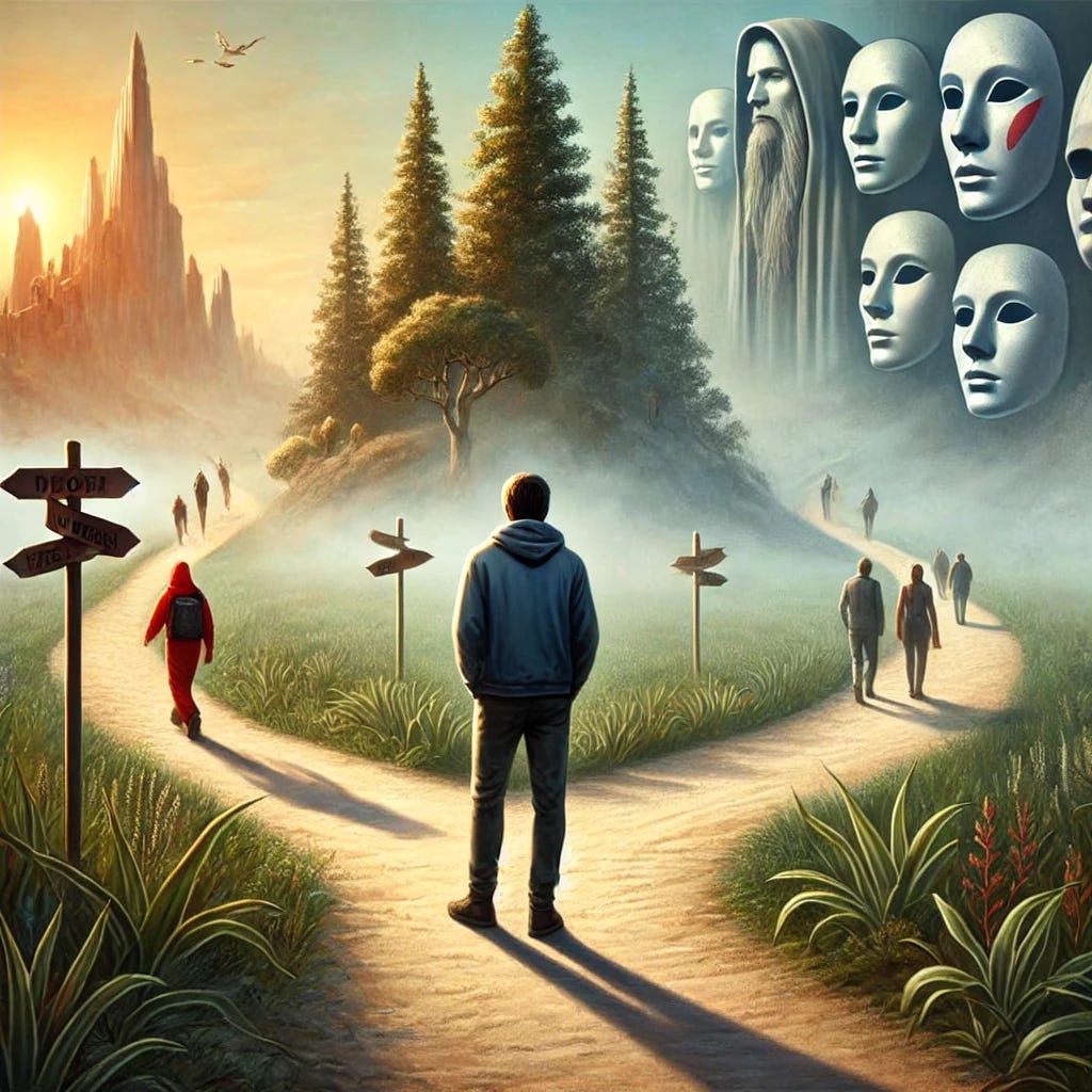 A realistic depiction of a person standing at a crossroads, symbolizing the journey of self-discovery. One path leads toward a city filled with people wearing masks, representing identification with societal roles. Another path disappears into a dense, misty forest, symbolizing disidentification and stepping into the unknown. A final path ascends toward a sunlit peak, symbolizing individuation and personal wholeness. The figure is contemplative, dressed in modern clothing, with subtle hints of mythological and psychological symbolism in the background.