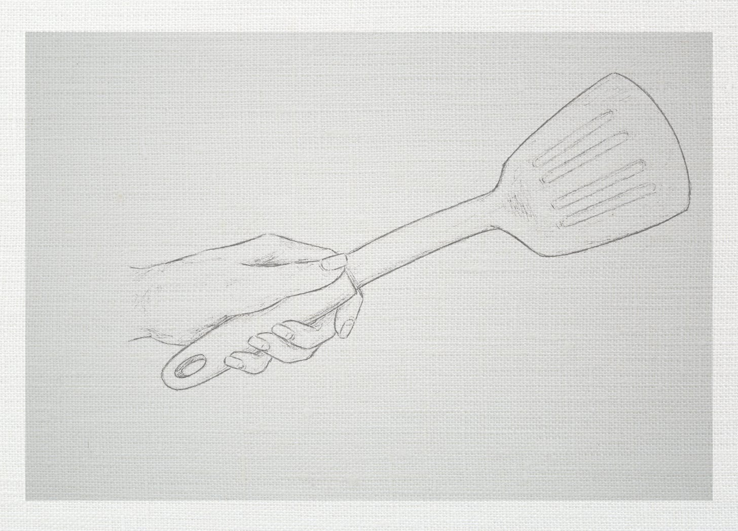 Pencil sketch of a hand holding a spatula on a neutral linen background