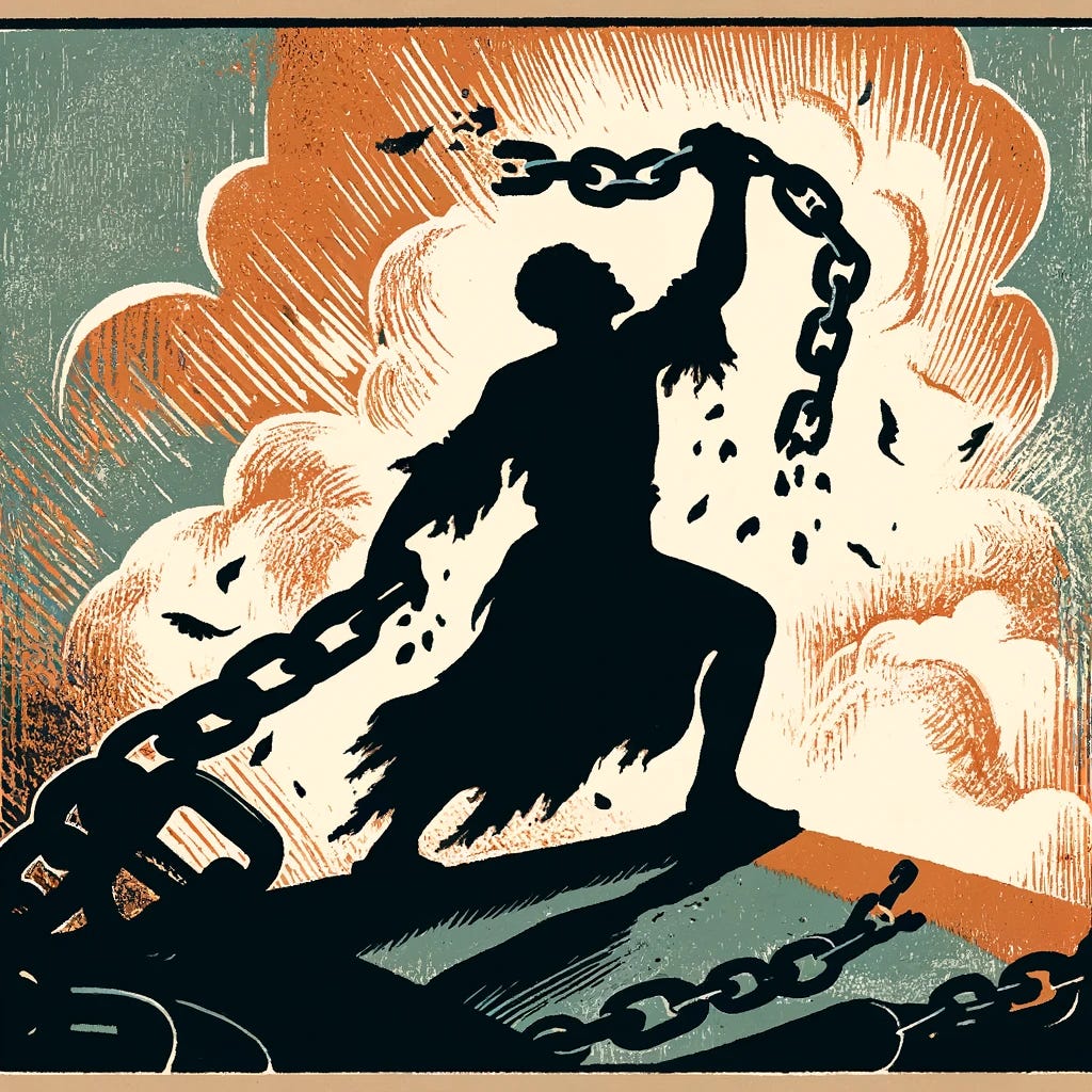 Dall-E prompt: In the style of a fable illustration with litographic elements create an image of a silhouette of a man breaking free from a set of heavy chains. Palette should be earthy colors, aspect ratio 4:3, and heavy use of shadows for dramatic effect.