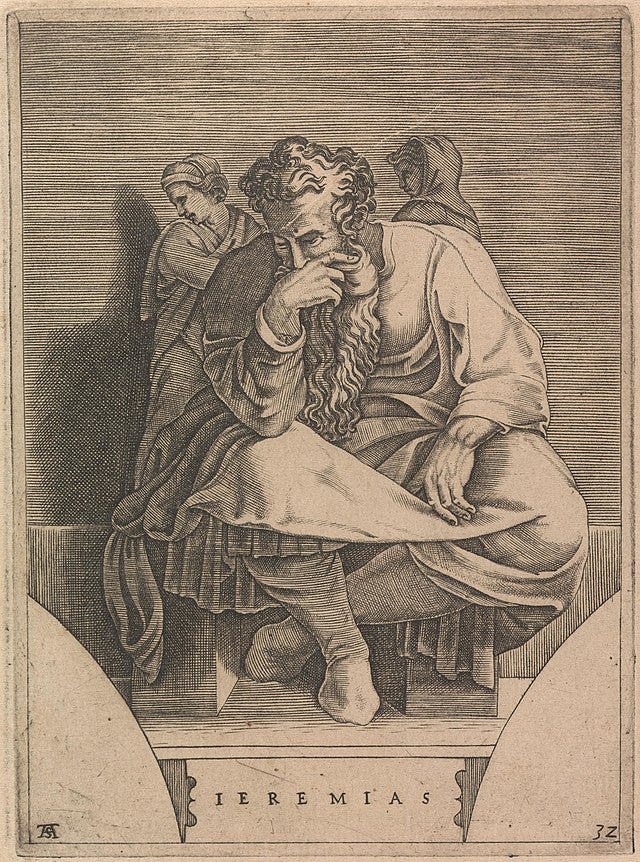Engraving of the prophet Jeremiah by Michelangelo: a bearded, robed man sits contemplatively resting his face in his hand