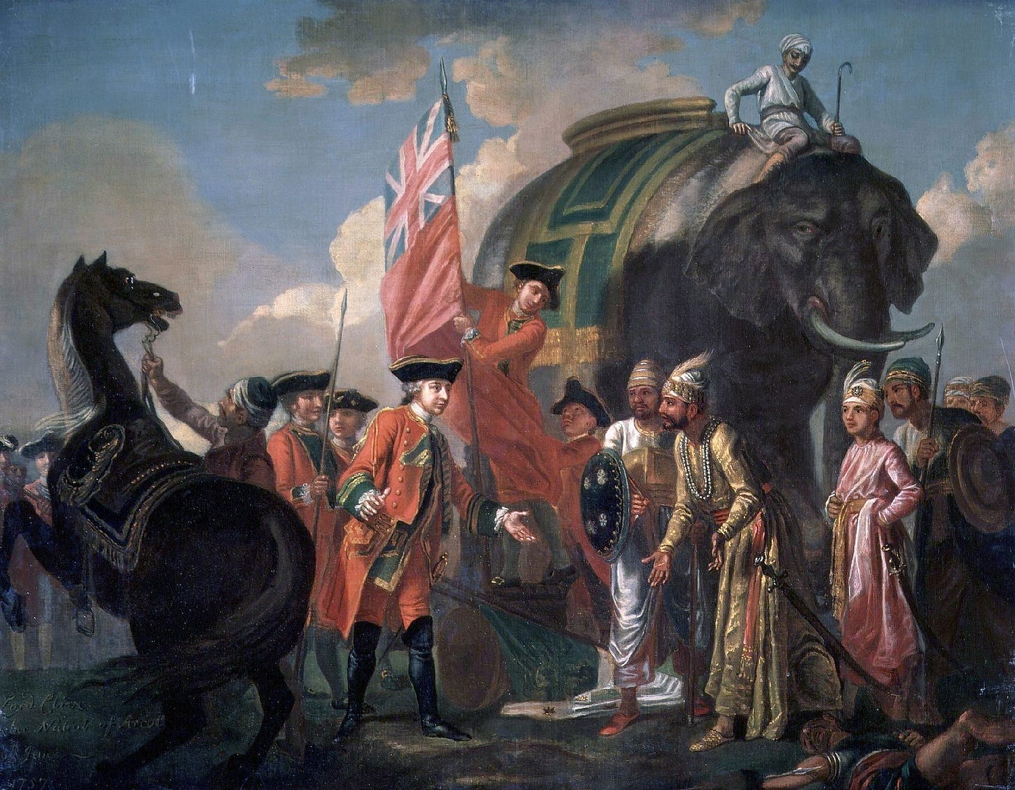 An oil-on-canvas painting depicting the meeting of Mir Jafar and Robert Clive after the Battle of Plassey by Francis Hayman