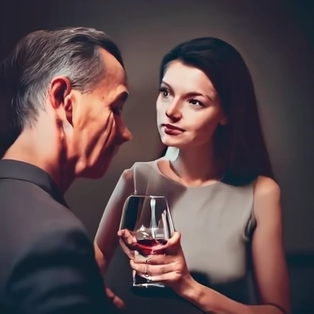 Man holding a glass of wine giving advice to a woman in a museum