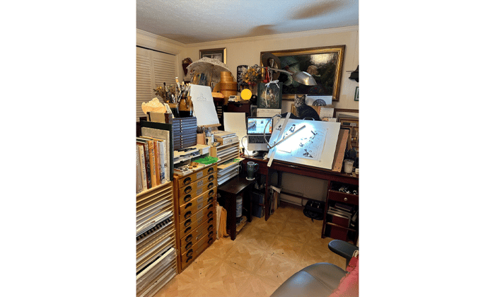 A photo of Colleen Doran's workspace.