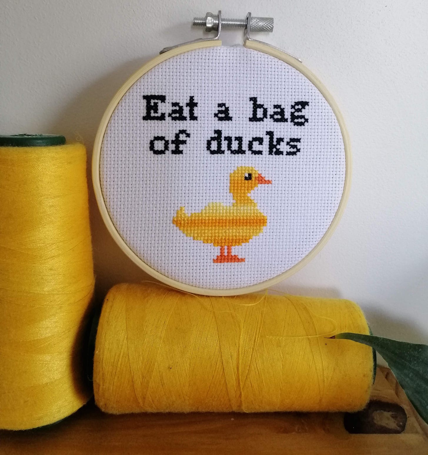 Completed stitch in a hoop with a duck and text above which reads "eat a bag of ducks"