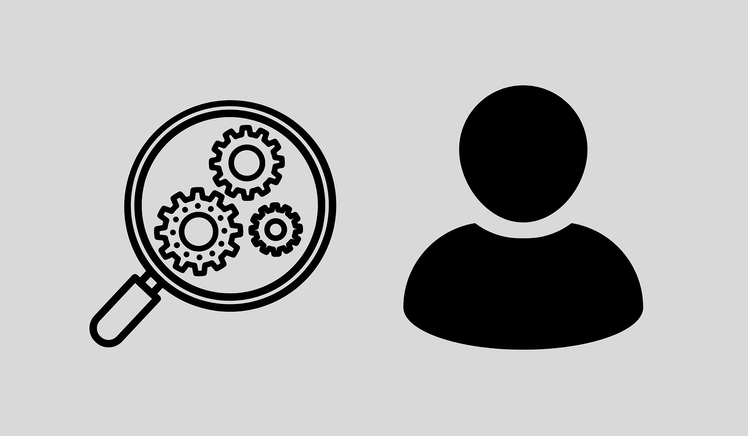 Magnifying glasses looking gears on the left and the human form on the right.