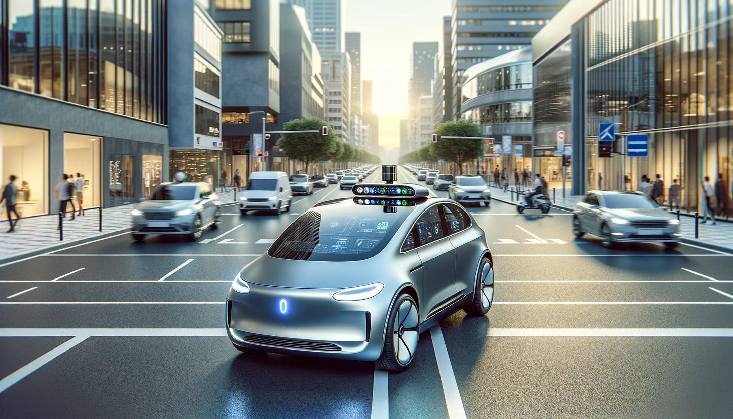 A photo-realistic image depicting autonomous driving for a technology news article header. The scene shows a modern, sleek autonomous car on a smart city street. The car is equipped with various sensors and cameras visible on its exterior. The street is bustling with activity but organized, showcasing other vehicles and pedestrians interacting seamlessly with the autonomous car. The image captures the essence of futuristic urban transportation with clear skies and modern buildings in the background. The camera settings for a realistic effect include a wide aperture of f/2.8 for a shallow depth of field, a focal length of 50mm to avoid distortion, ISO 100 for clear daylight conditions, and a shutter speed of 1/500th to capture the motion crisply. The lighting is natural and bright, with subtle reflections on the car's surfaces, enhancing its high-tech appearance.