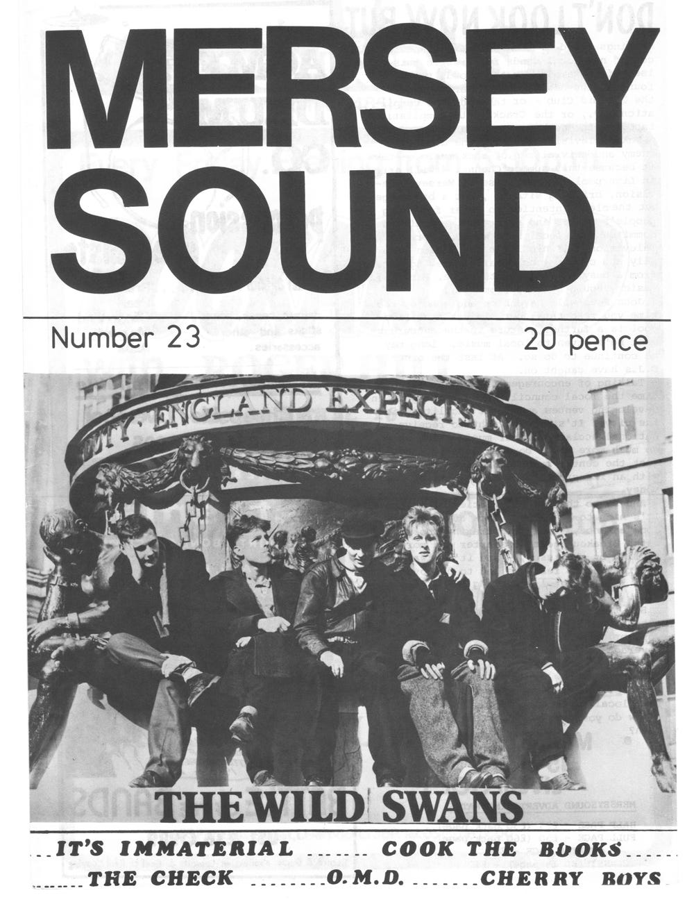 The Merseysound cover, with a photo of the Wild Swans. The contents list includes It's Immaterial, Cook The Books, The Check, OMD and Cherry Boys. The magazine costs 20 pence.
