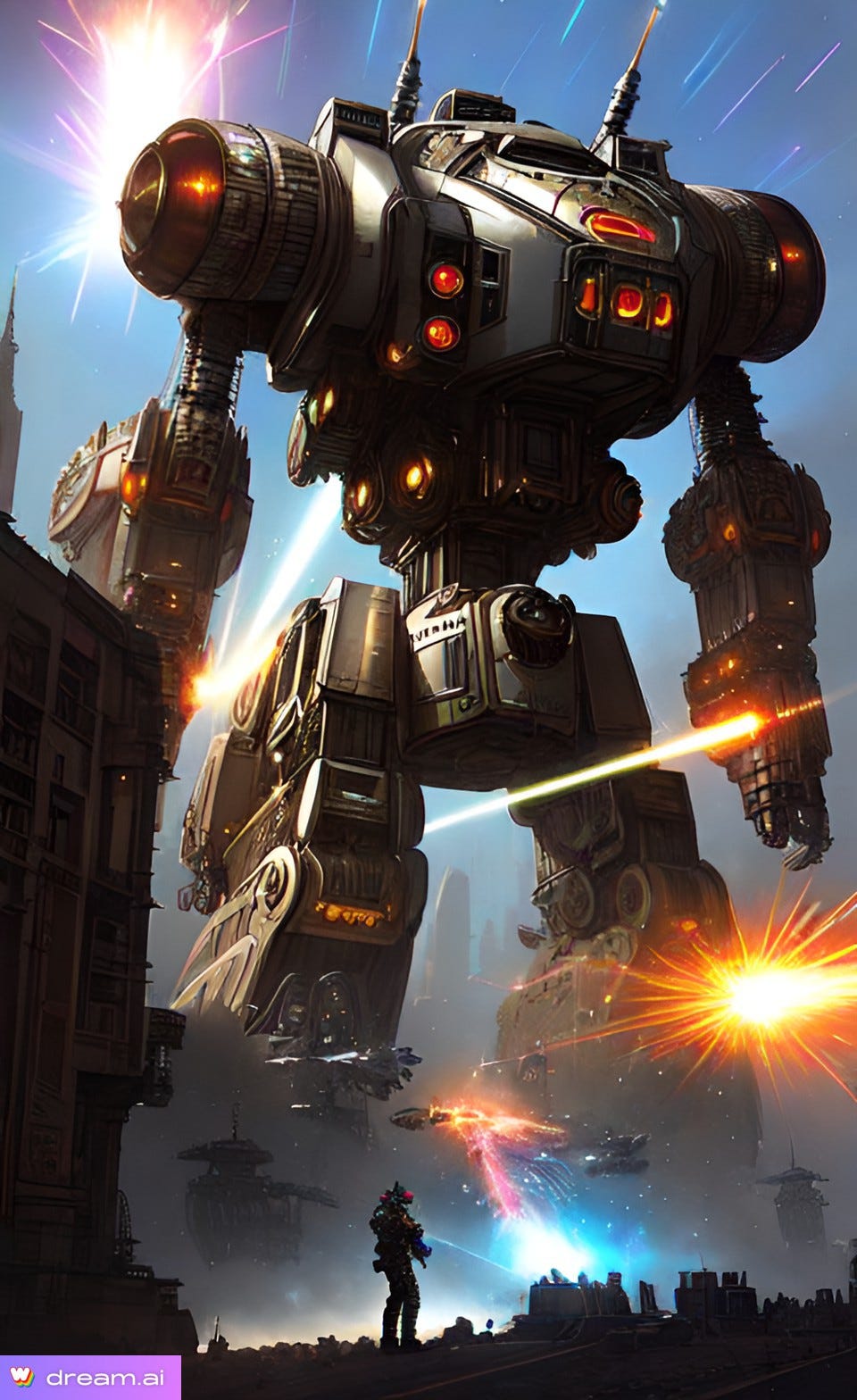 A.I. image of a giant mechanical robot blasting its way through a city