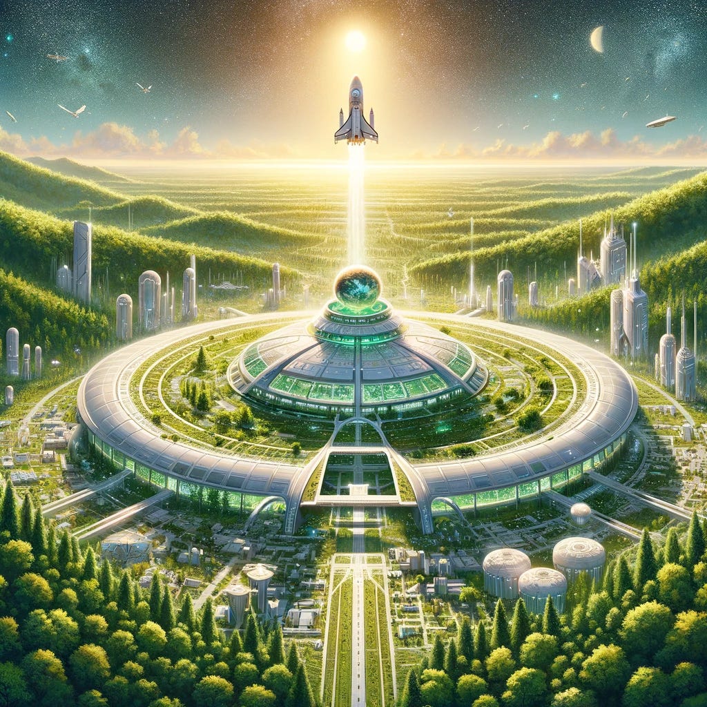 A vision of a solarpunk golden age fueled by advanced general intelligence, focusing on the beginning of human space exploration. The illustration features a high-tech, eco-friendly city in shades of green and white, nestled in a lush forest. At the center of the city is a large, prominent spaceport from which a single spaceship is ascending, symbolizing human unity and spirit venturing into space. The architecture is futuristic and harmonious with nature, and the overall atmosphere is one of optimism and progress. The sky above is clear and vibrant, highlighting the solitary spaceship as a beacon of hope and exploration.