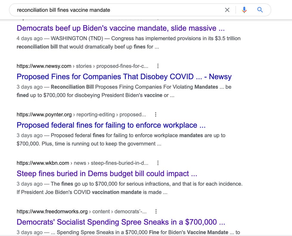 Various headlines on Google stating that Democrats were planning to fine businesses $700,000 for violating the COVID mandate.