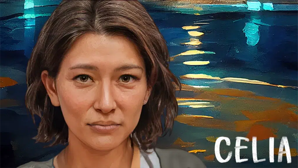 headshot of a somber part-asian woman with chin-length hair, in front of an abstract painting suggesting a swimming pool at night