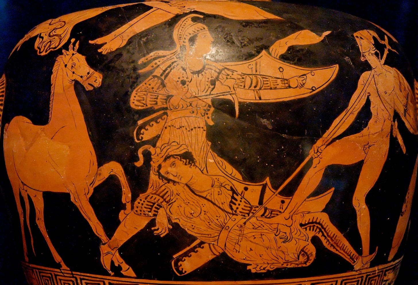 Patroclus (naked, on the right) kills Sarpedon (wearing Lycian clothes, on the left) with his spear, while Glaucus comes to the latter's help. Protolucana red-figure hydria by the Policoro Painter, ca. 400 BC. From the so-called tomb of the Policoro Painter in Heraclaea. Stored in the Museo Nazionale Archaeologico of Policoro.