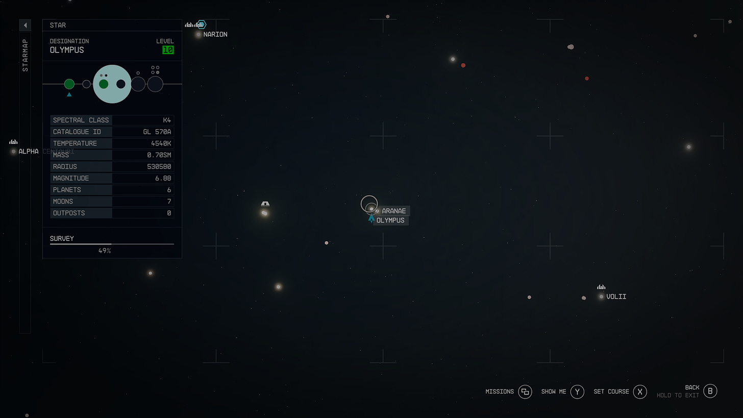 Starfield travel map, showing planets as small dots. On the left side is a rectangular box with planetary information.