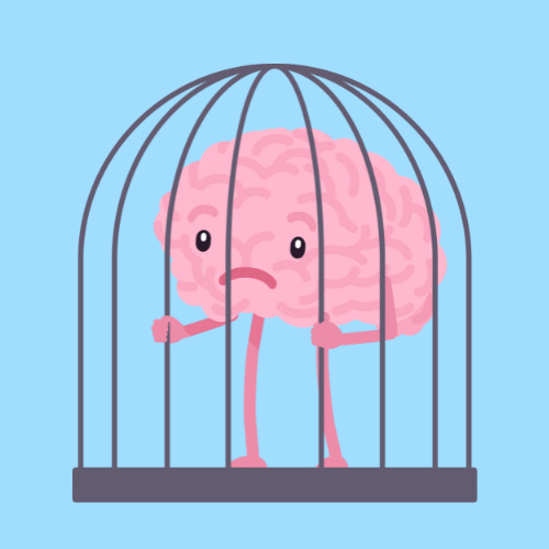 A picture of a brain that has arms and legs, stuck in a metal cage. 