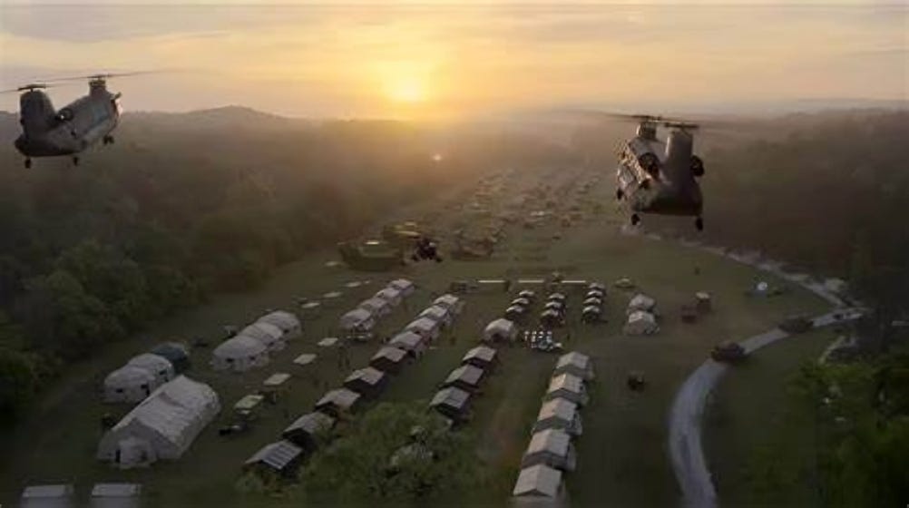 Military transport helicopters belonging to the Western forces arrive at base camp, silhouetted against a vivid sunset sky.