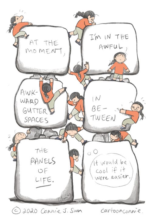 In Between the Panels, sketchbook illustration comics, panels, gutter, sketchbook drawing, climbing, illustration, by connie sun, cartoonconnie