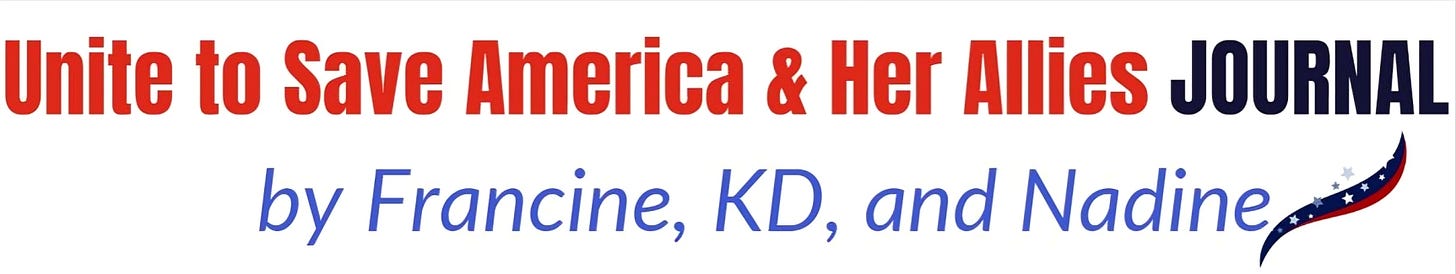 Unite to Save America & Her Allies Journal by Francine, KD, and Nadine – Red, white, and blue logo with a patriotic flair.