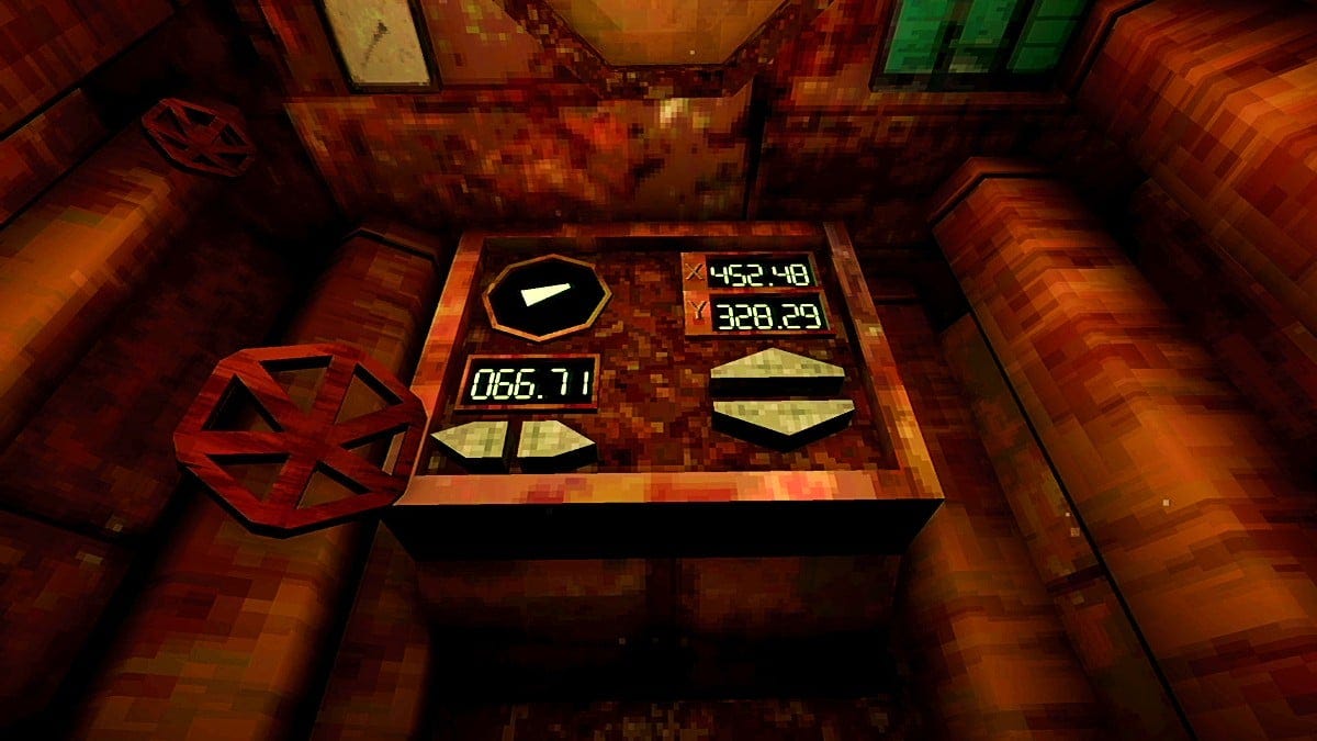 A screenshot of the control console from Iron Lung featuring only a few buttons. One which can control the direction the sub is moving, and one which allows the player to control the target coordinates.