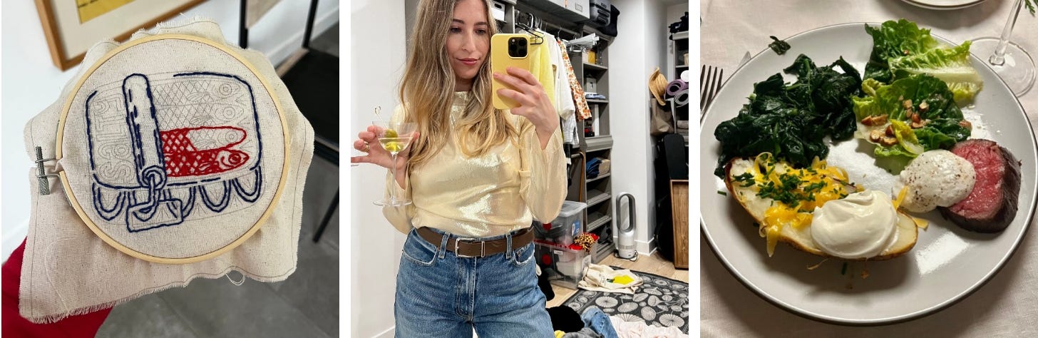 a photo of embroidery, a photo of rachel karten holding a martini, a photo of a plate with beed tenderloin, baked potato, and spinach
