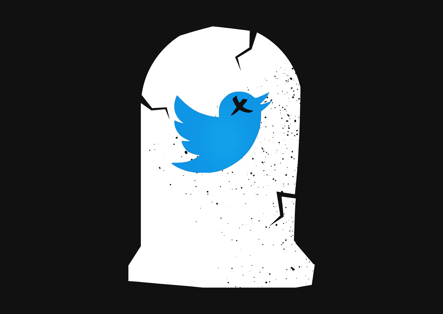 A white tombstone on a black background, it is emblazoned with a Twtter bird that has an X for an eye