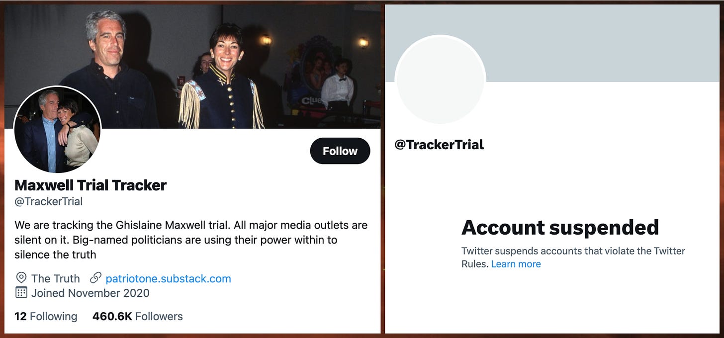 screenshot of the @TrackerTrial account's profile and screenshot of the @TrackerTrial "account suspended" screen
