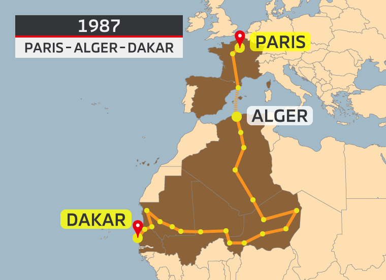 A map of the Paris-Alger-Dakar Rally route of 1987, with the route and its various stops highlighted in orange with yellow dots, and the countries that the race runs through highlighted in brown.