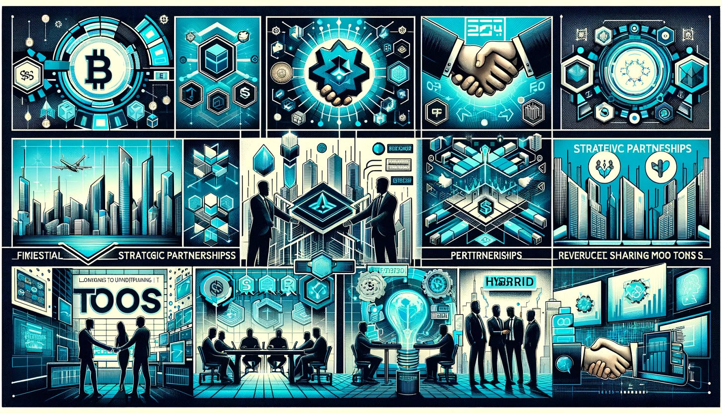 A montage of images in a 16:9 format, depicting various blockchain fundraising strategies for 2024, including SAFTs, IEOs, and Revenue Sharing Tokens. The montage should also illustrate Strategic Partnerships and Hybrid Models, combining elements of traditional and innovative fundraising. The design should capture the essence of a dynamic and diverse approach to securing funding in a regulated environment. Use a vibrant and engaging design with a tech-savvy look, featuring graphics of digital tokens, partnership handshakes, and futuristic cityscapes. The color palette should include blues, greens, and grays to emphasize innovation and diversity.